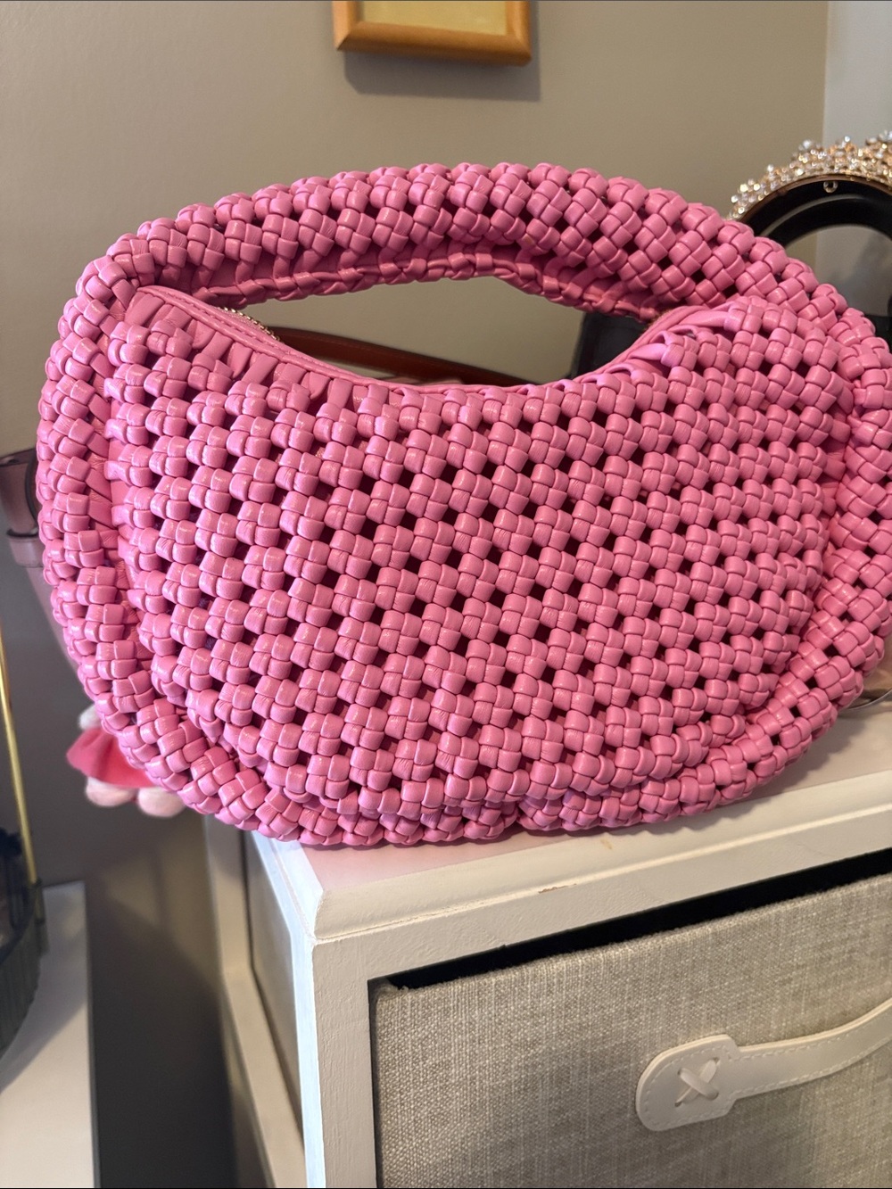 Pink Woven Handle Shoulder Bag - Women